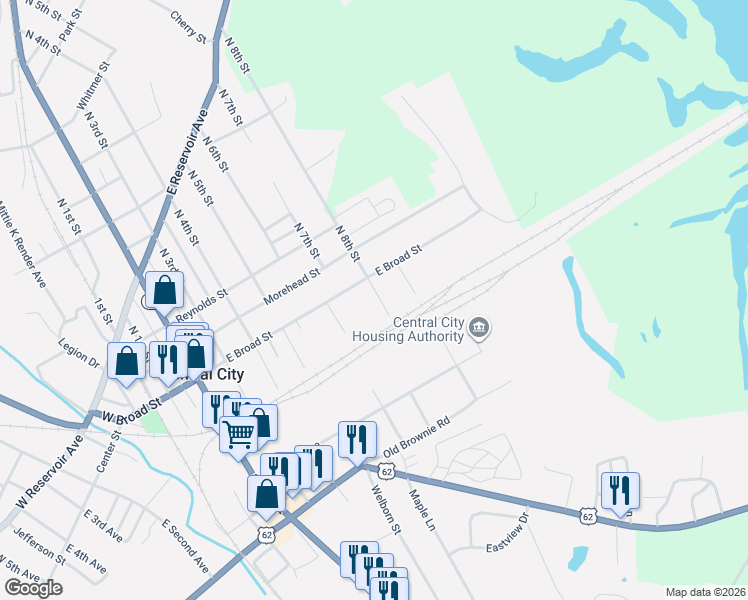 map of restaurants, bars, coffee shops, grocery stores, and more near 100-116 S 8th St in Central City