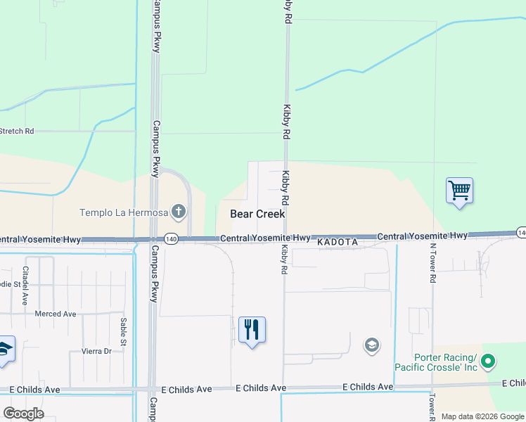 map of restaurants, bars, coffee shops, grocery stores, and more near 580 North Easy Street in Merced