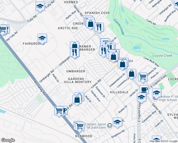 map of restaurants, bars, coffee shops, grocery stores, and more near 411 Lewis Road in San Jose