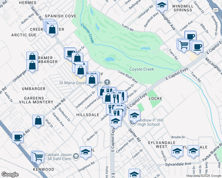 map of restaurants, bars, coffee shops, grocery stores, and more near 639 Overland Way in San Jose