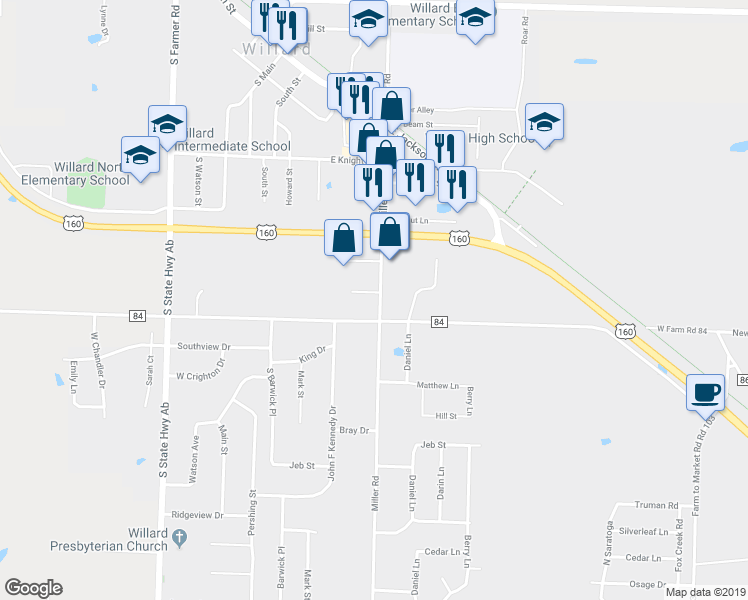 map of restaurants, bars, coffee shops, grocery stores, and more near 309 East New Melville Road in Willard
