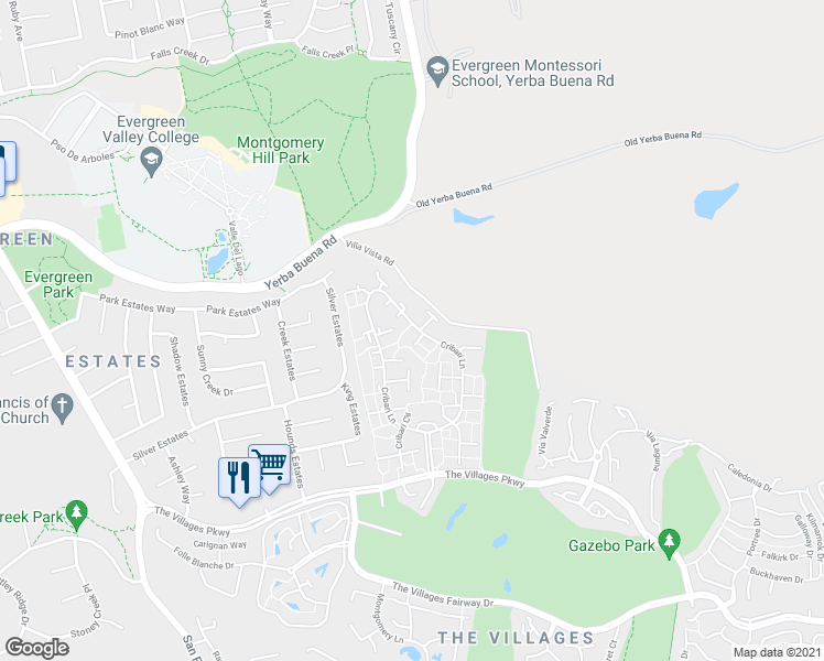 map of restaurants, bars, coffee shops, grocery stores, and more near 5211 Cribari Lane in San Jose