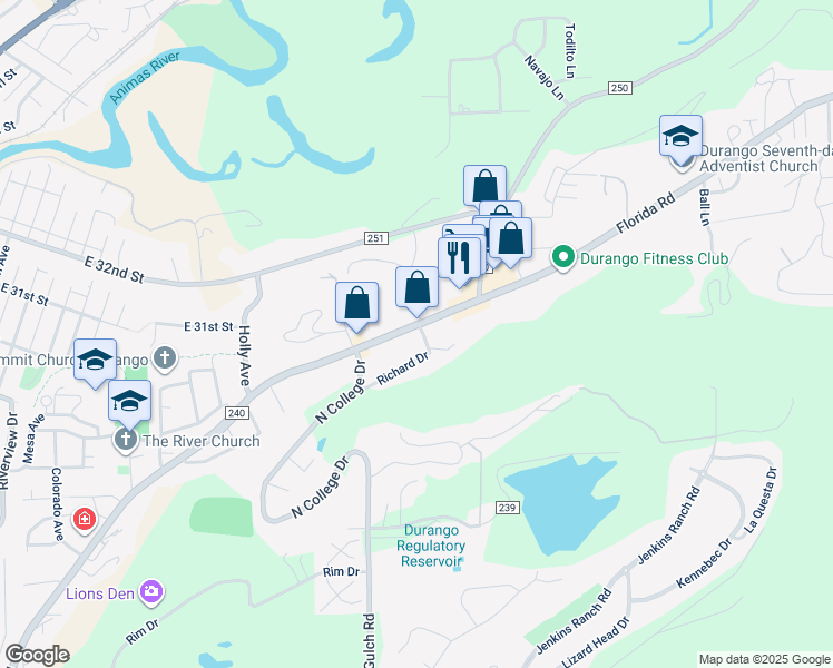 map of restaurants, bars, coffee shops, grocery stores, and more near 1330 Florida Road in Durango