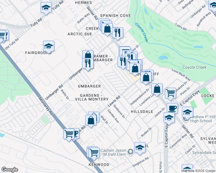 map of restaurants, bars, coffee shops, grocery stores, and more near 2765 Villa Monterey in San Jose