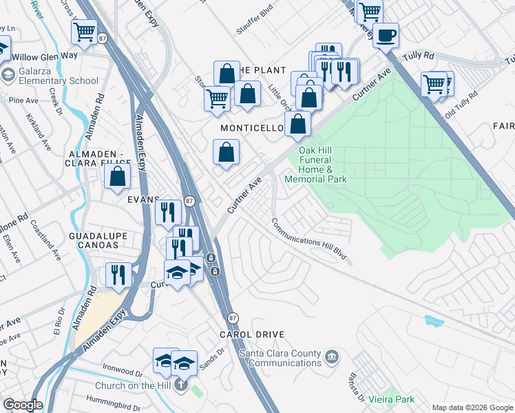 map of restaurants, bars, coffee shops, grocery stores, and more near 555 Mill Pond Drive in San Jose