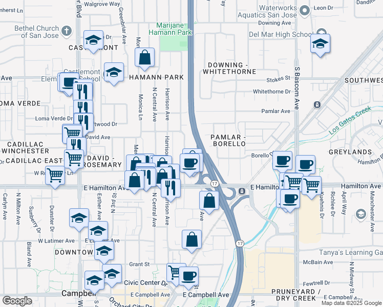 map of restaurants, bars, coffee shops, grocery stores, and more near 525 East Hamilton Avenue in Campbell