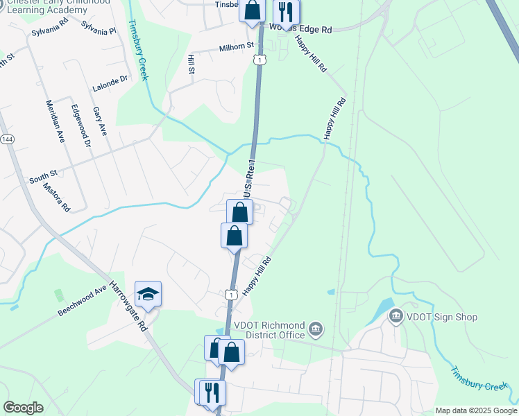 map of restaurants, bars, coffee shops, grocery stores, and more near 16425 Jefferson Davis Highway in Chesterfield County