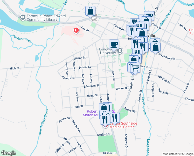 map of restaurants, bars, coffee shops, grocery stores, and more near 503 Hill Street in Farmville