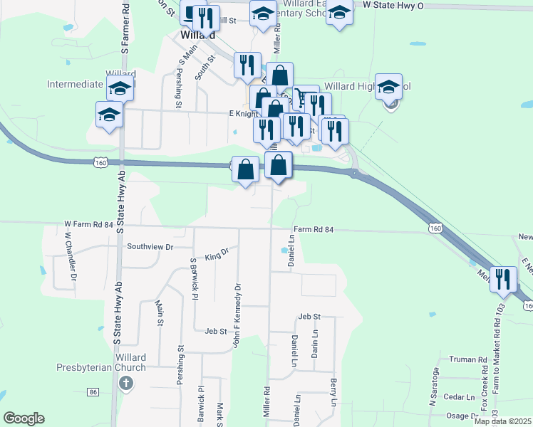 map of restaurants, bars, coffee shops, grocery stores, and more near 309 East New Melville Road in Willard