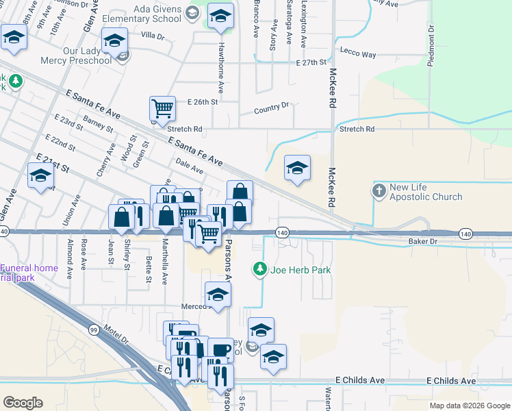map of restaurants, bars, coffee shops, grocery stores, and more near 2040 Edwards Avenue in Merced