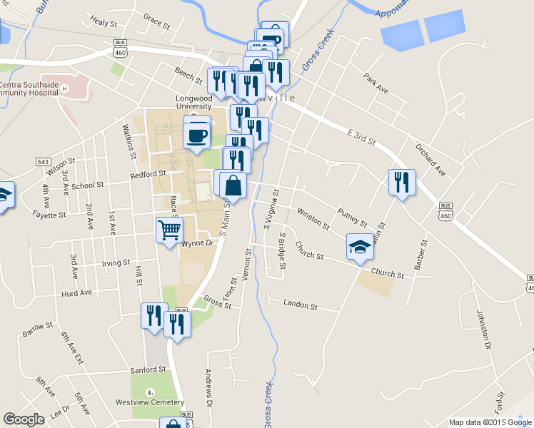 map of restaurants, bars, coffee shops, grocery stores, and more near 307 South Virginia Street in Farmville