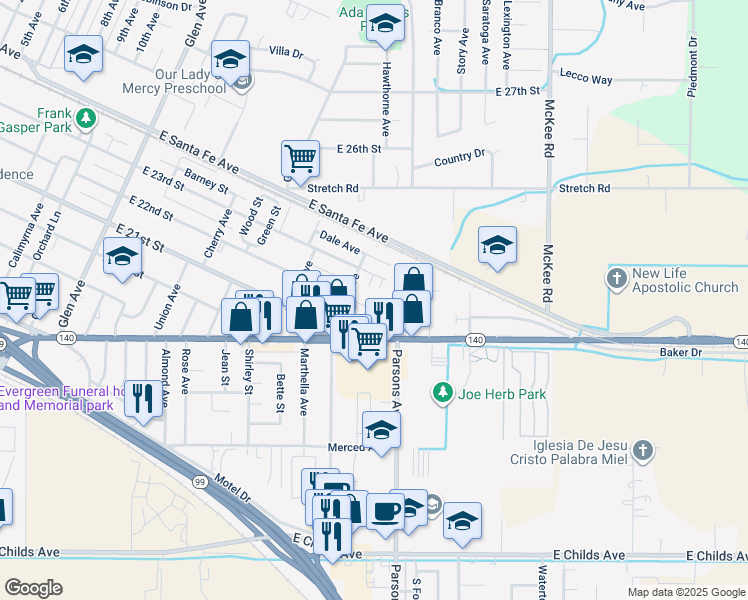 map of restaurants, bars, coffee shops, grocery stores, and more near 216 East 20th Street in Merced