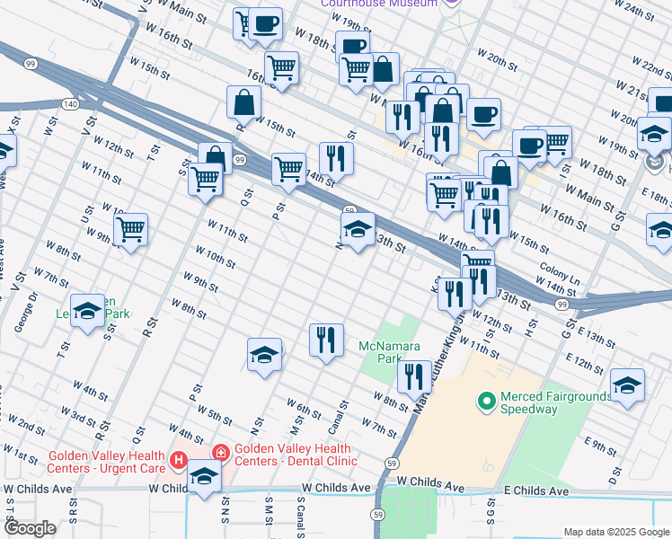 map of restaurants, bars, coffee shops, grocery stores, and more near 1122 N Street in Merced