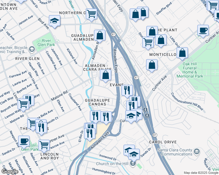 map of restaurants, bars, coffee shops, grocery stores, and more near 2128 Canoas Garden Avenue in San Jose