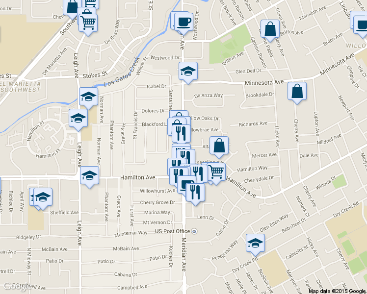 map of restaurants, bars, coffee shops, grocery stores, and more near Meridian Ave & Alta Glen Dr in San Jose