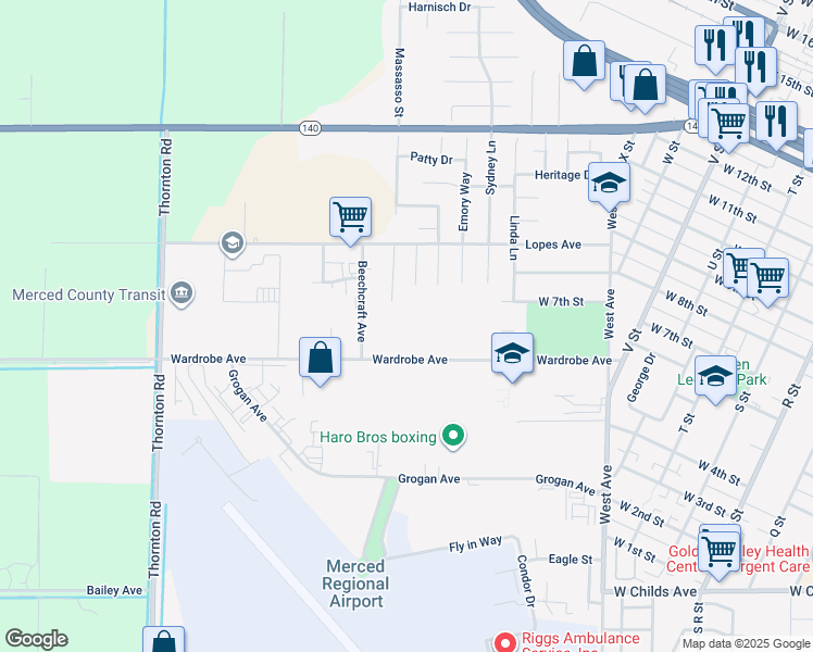 map of restaurants, bars, coffee shops, grocery stores, and more near 2051 Wardrobe Avenue in Merced