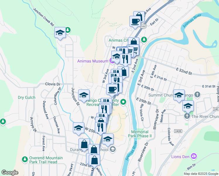 map of restaurants, bars, coffee shops, grocery stores, and more near 170 West 29th Street in Durango