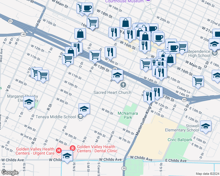map of restaurants, bars, coffee shops, grocery stores, and more near 1122 N Street in Merced