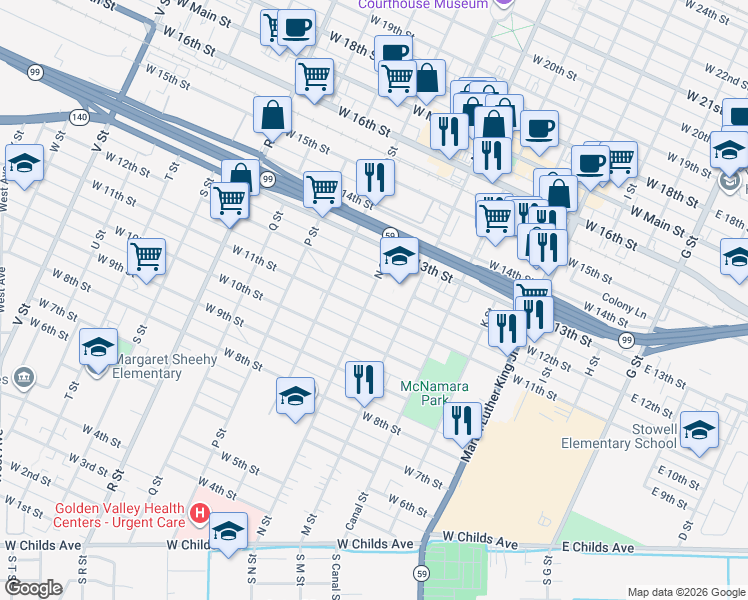 map of restaurants, bars, coffee shops, grocery stores, and more near 625 West 11th Street in Merced