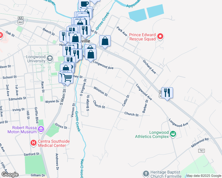 map of restaurants, bars, coffee shops, grocery stores, and more near 505 Putney Street in Farmville
