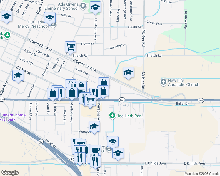 map of restaurants, bars, coffee shops, grocery stores, and more near 2040 Edwards Avenue in Merced