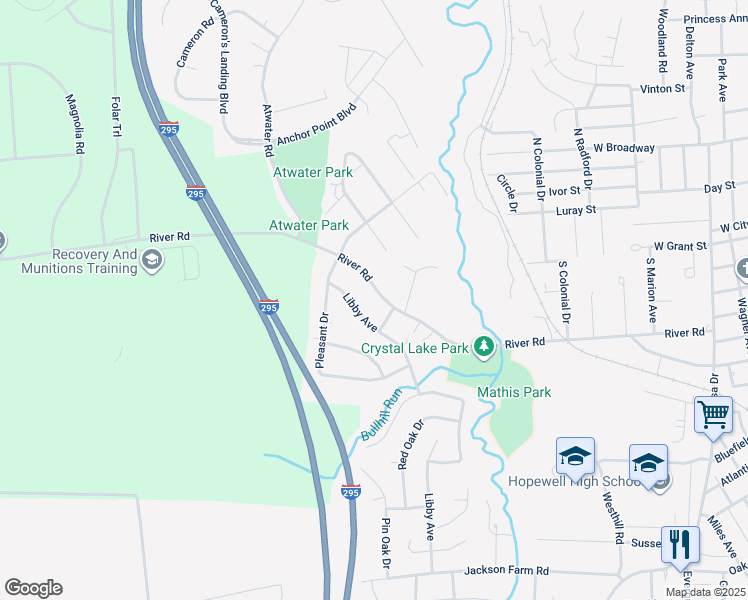 map of restaurants, bars, coffee shops, grocery stores, and more near 3814 River Road in Hopewell
