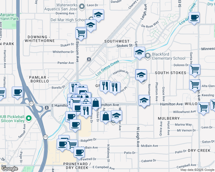 map of restaurants, bars, coffee shops, grocery stores, and more near Hamilton Place & Greylands Drive in San Jose