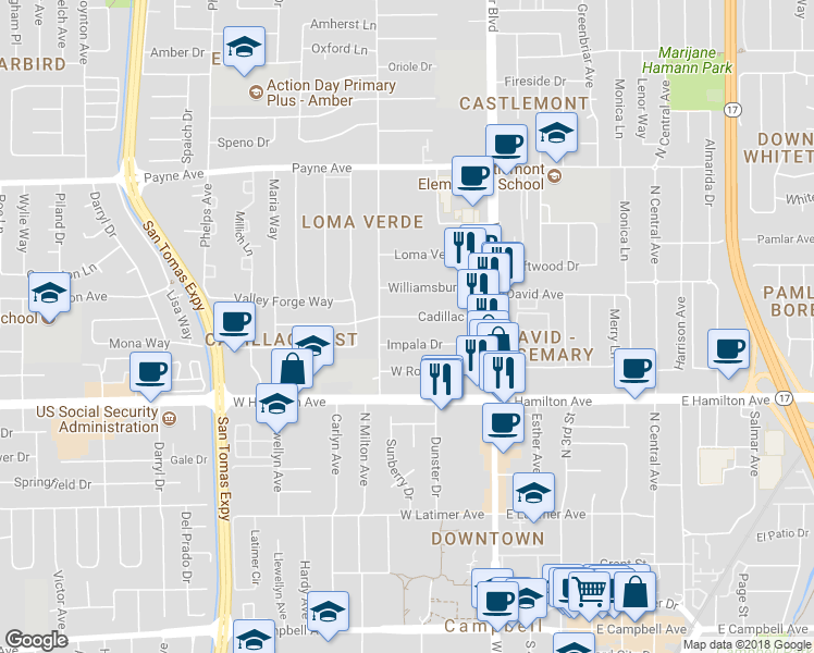 map of restaurants, bars, coffee shops, grocery stores, and more near 3216 Cadillac Drive in San Jose