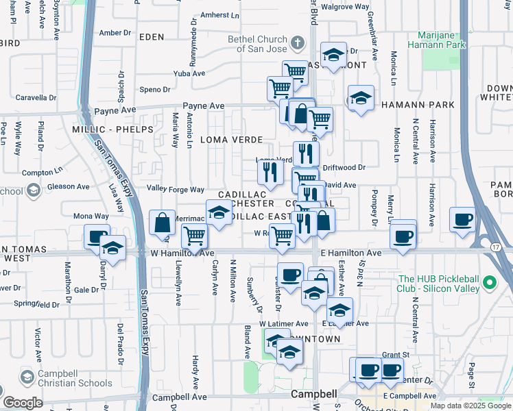 map of restaurants, bars, coffee shops, grocery stores, and more near 3224 Cadillac Drive in San Jose