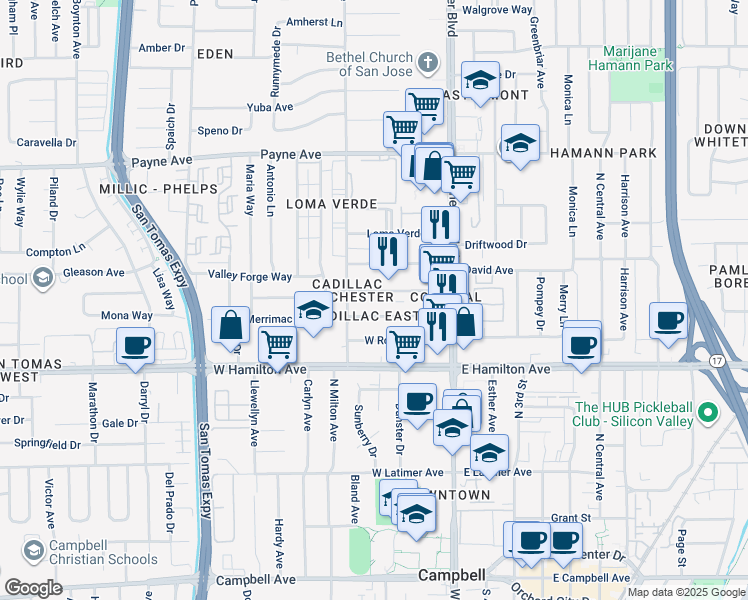 map of restaurants, bars, coffee shops, grocery stores, and more near 3216 Cadillac Drive in San Jose