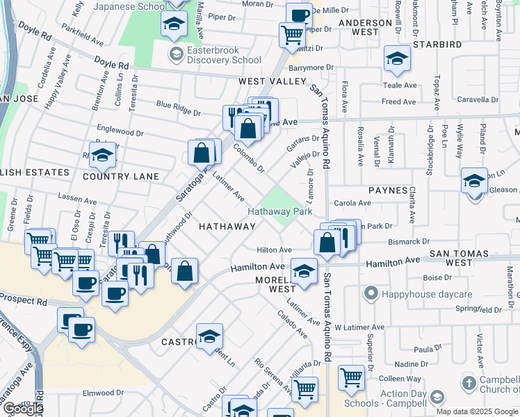 map of restaurants, bars, coffee shops, grocery stores, and more near 4497 Latimer Avenue in San Jose