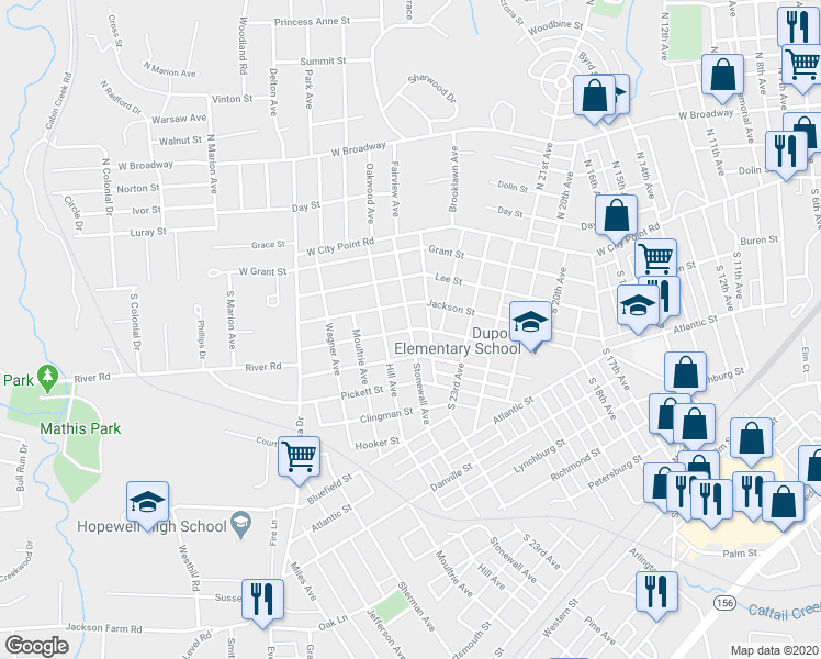 map of restaurants, bars, coffee shops, grocery stores, and more near 140 Stonewall Avenue in Hopewell