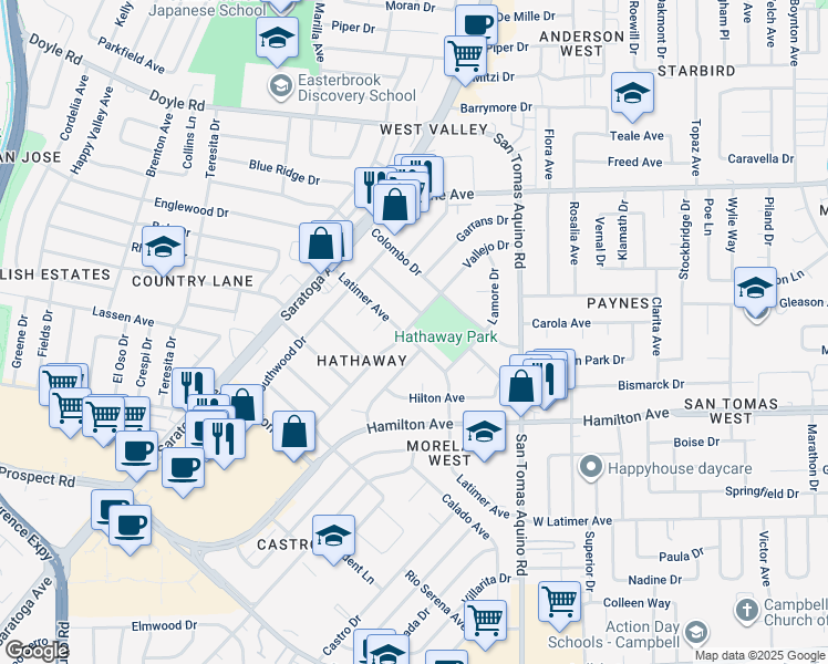 map of restaurants, bars, coffee shops, grocery stores, and more near 4497 Latimer Avenue in San Jose