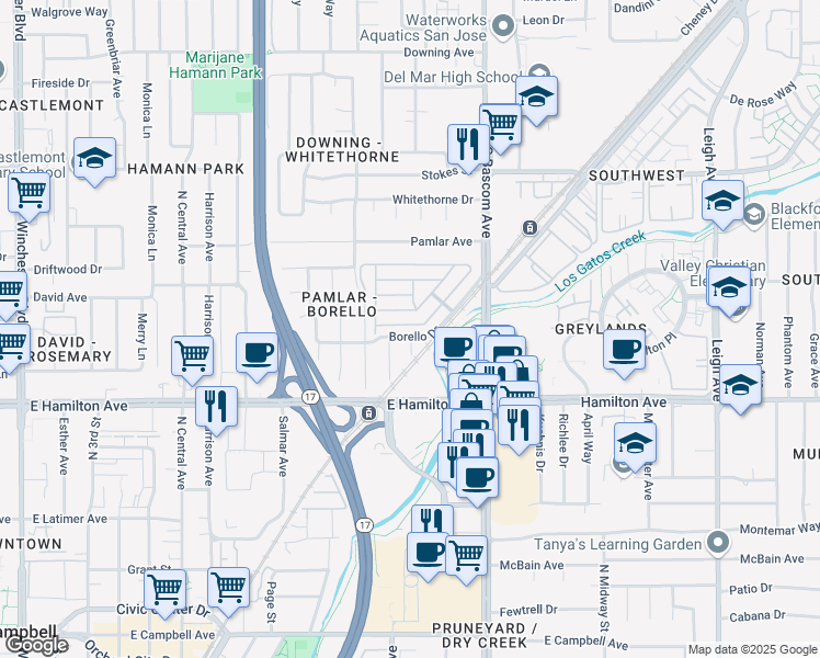 map of restaurants, bars, coffee shops, grocery stores, and more near 162 Quail Hollow Drive in San Jose