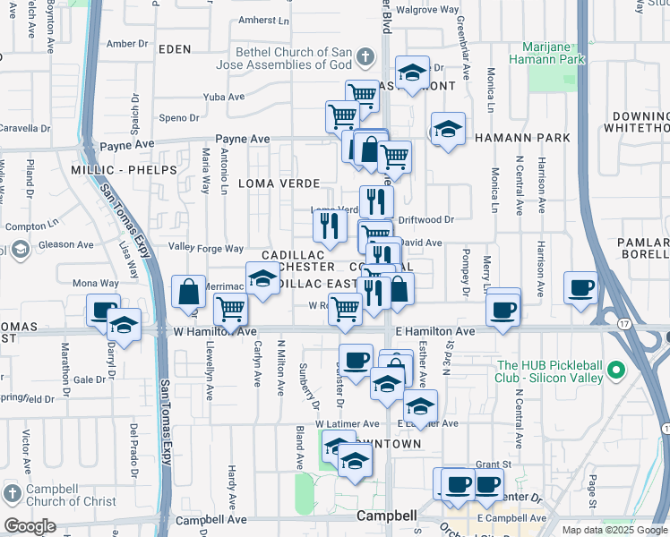 map of restaurants, bars, coffee shops, grocery stores, and more near 3206 Impala Drive in San Jose