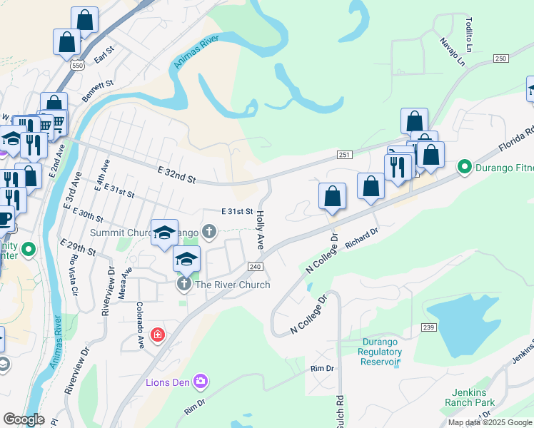 map of restaurants, bars, coffee shops, grocery stores, and more near 2920 Holly Avenue in Durango