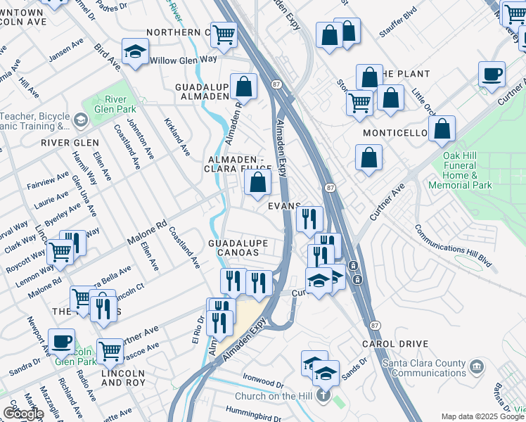 map of restaurants, bars, coffee shops, grocery stores, and more near 2125 Canoas Garden Avenue in San Jose