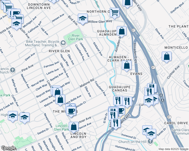 map of restaurants, bars, coffee shops, grocery stores, and more near 2051 Coastland Avenue in San Jose