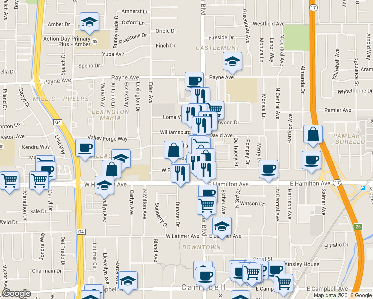 map of restaurants, bars, coffee shops, grocery stores, and more near 3143 Impala Drive in San Jose