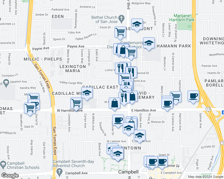map of restaurants, bars, coffee shops, grocery stores, and more near 3206 Impala Drive in San Jose