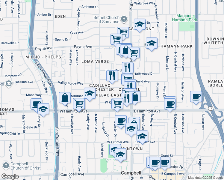 map of restaurants, bars, coffee shops, grocery stores, and more near 3206 Impala Drive in San Jose