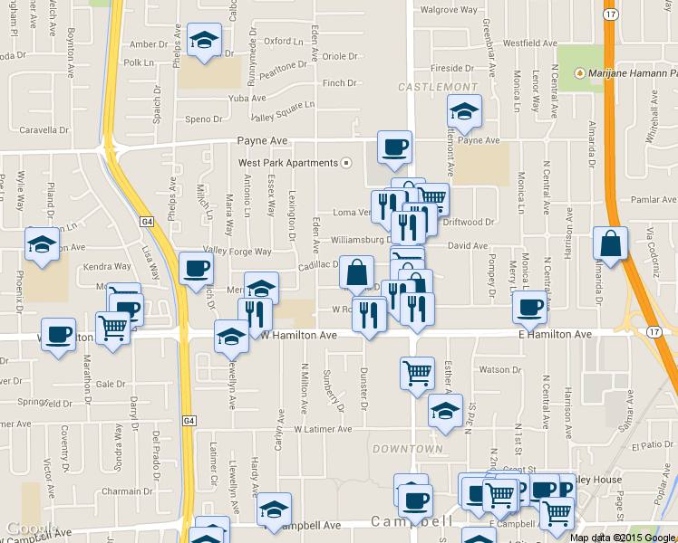 map of restaurants, bars, coffee shops, grocery stores, and more near 3206 Impala Drive in San Jose