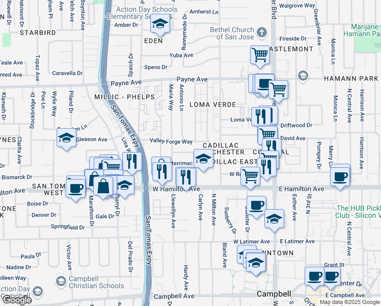map of restaurants, bars, coffee shops, grocery stores, and more near 3403 Merrimac Drive in San Jose