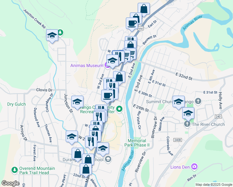 map of restaurants, bars, coffee shops, grocery stores, and more near 145-151 East 29th Street in Durango