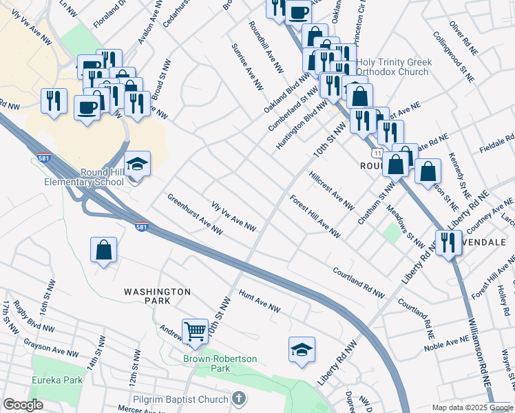 map of restaurants, bars, coffee shops, grocery stores, and more near 3321 Courtland Road Northwest in Roanoke