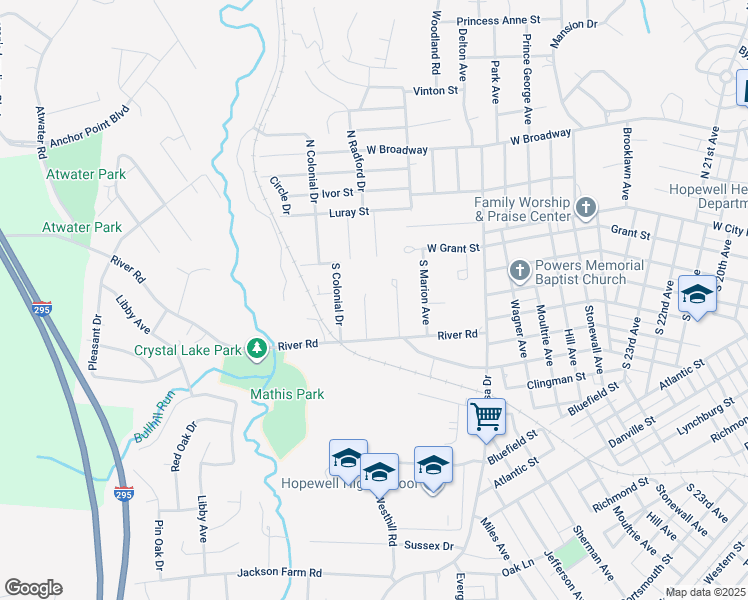 map of restaurants, bars, coffee shops, grocery stores, and more near 107 South Radford Drive in Hopewell