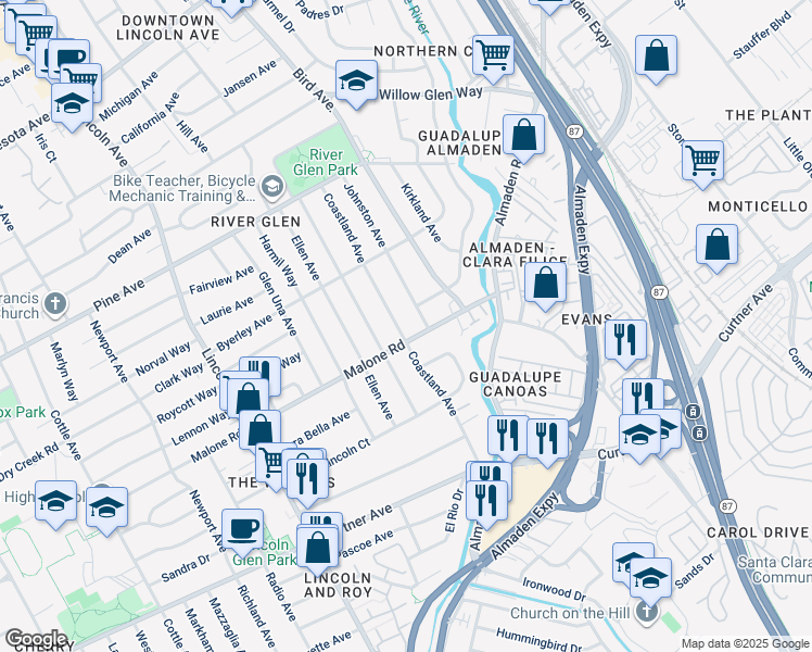 map of restaurants, bars, coffee shops, grocery stores, and more near 2051 Coastland Avenue in San Jose