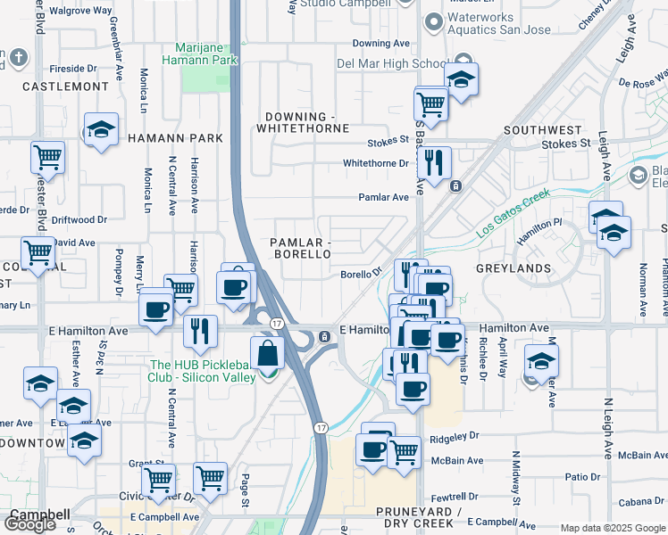map of restaurants, bars, coffee shops, grocery stores, and more near 162 Quail Hollow Drive in San Jose