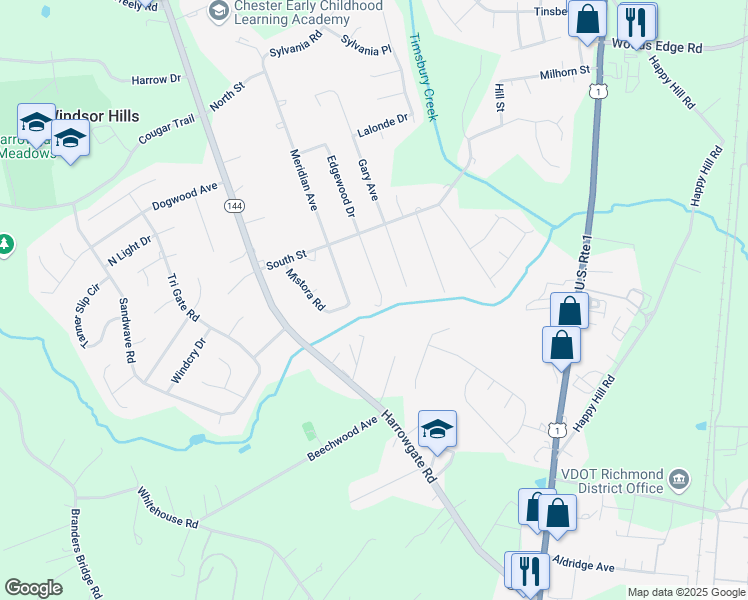 map of restaurants, bars, coffee shops, grocery stores, and more near 16128 Edgewood Drive in Chester