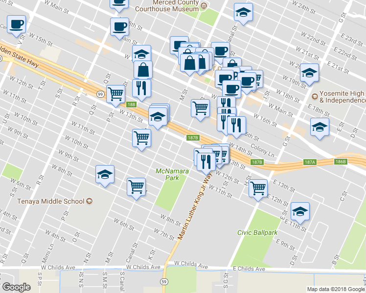 map of restaurants, bars, coffee shops, grocery stores, and more near 1226 Canal Street in Merced